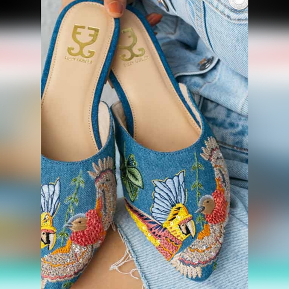 Fizzy Mules Blue w/ Bird Embroidered Mules Size EU38 (Runs Small Wears Like a 37 - Picture 2 of 5